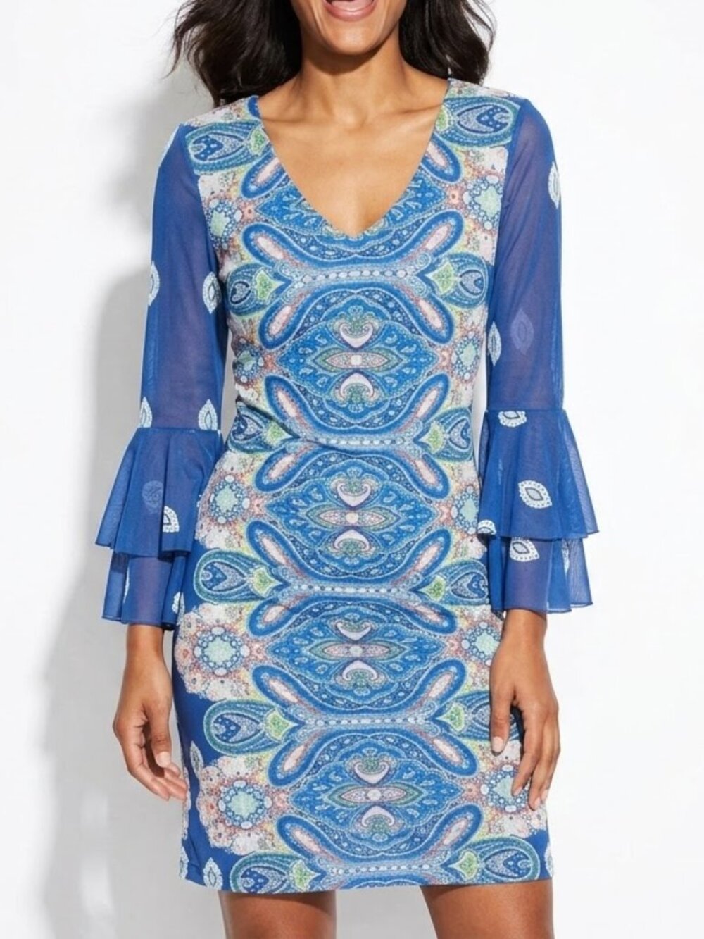 Allison Brittney Whimsigoth Paisley Dress Sheer Tiered Bell Sleeve Size M